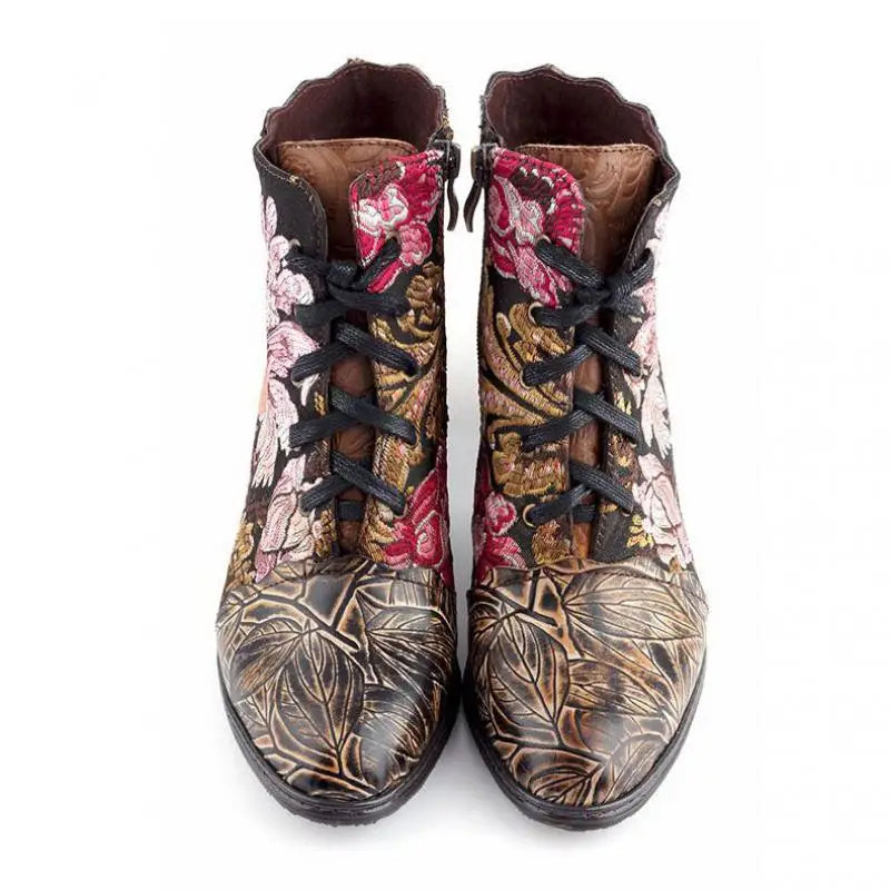 Johnature Genuine Leather Embroidery Cloth Boots, Hand-Embossed Round Toe Floral