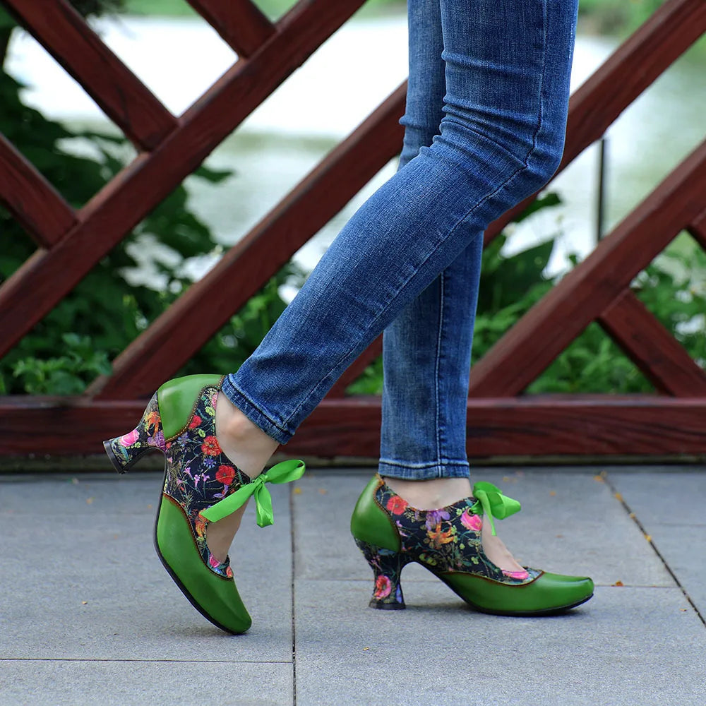 New Ethnic Green Printed High Heels, Genuine Leather Pointed Toe Lace Tie Women's Pumps