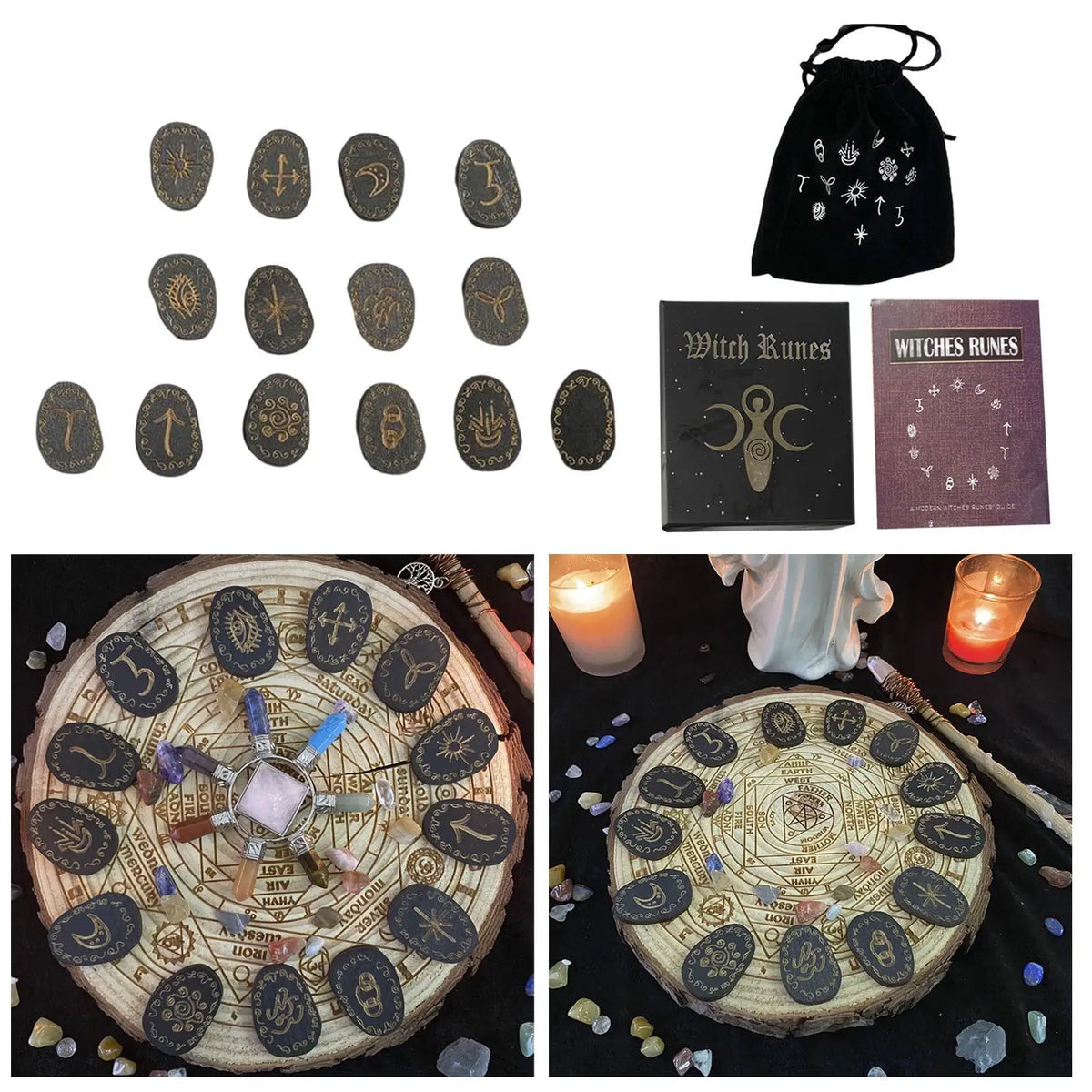 Witch Rune Stone Set with Storage Bag Rune Symbol Gift Home Decoration Party Favor Guide Book for Beginners Witchcraft Pagan