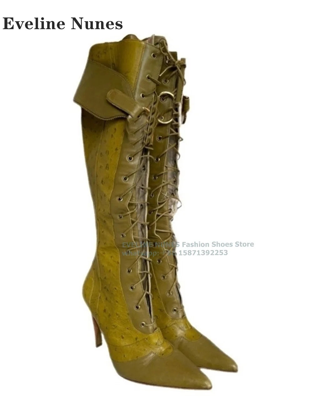 Leopard Patchwork Lace-Up Knee-High Boots – Pointed Toe & 2-Inch Thin Heel