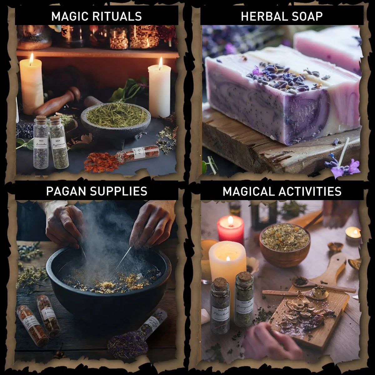 Witchcraft Herb Kit – 31 Dried Herbs in Glass Bottles with Black & Gold Altar Box