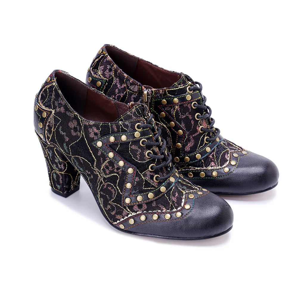 Johnature Retro Rivet Genuine Leather High-Heel Pumps