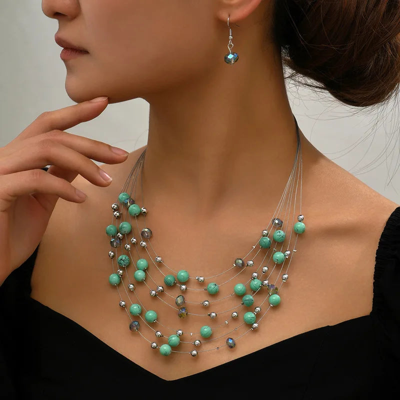Ethnic Boho Multilayer Colorful Pearl Beads Necklace & Earrings Set