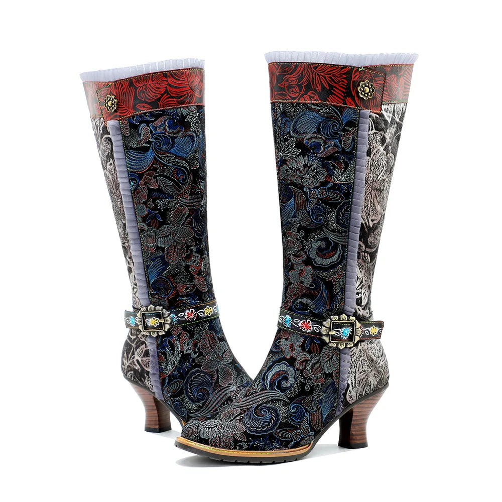 Johnature 2025 Winter New Hand Painted Genuine Leather Patchwork Vintage Court Style Lace Trimmed High Heeled Long Boots