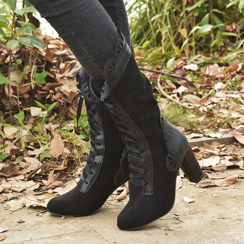 Women’s Victorian Lace-Up Mid-Calf Boots – Retro High Heel Gothic Booties