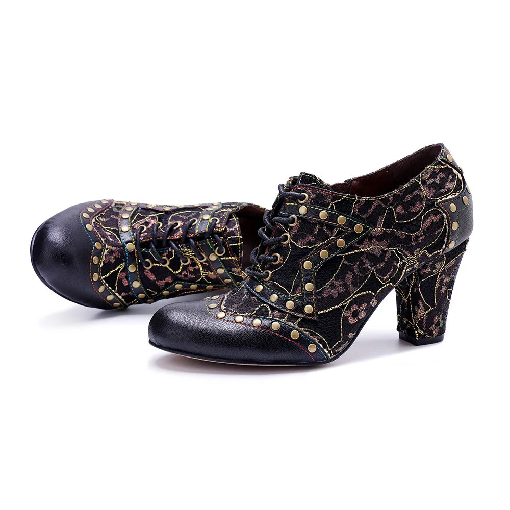 Johnature Retro Rivet Genuine Leather High-Heel Pumps