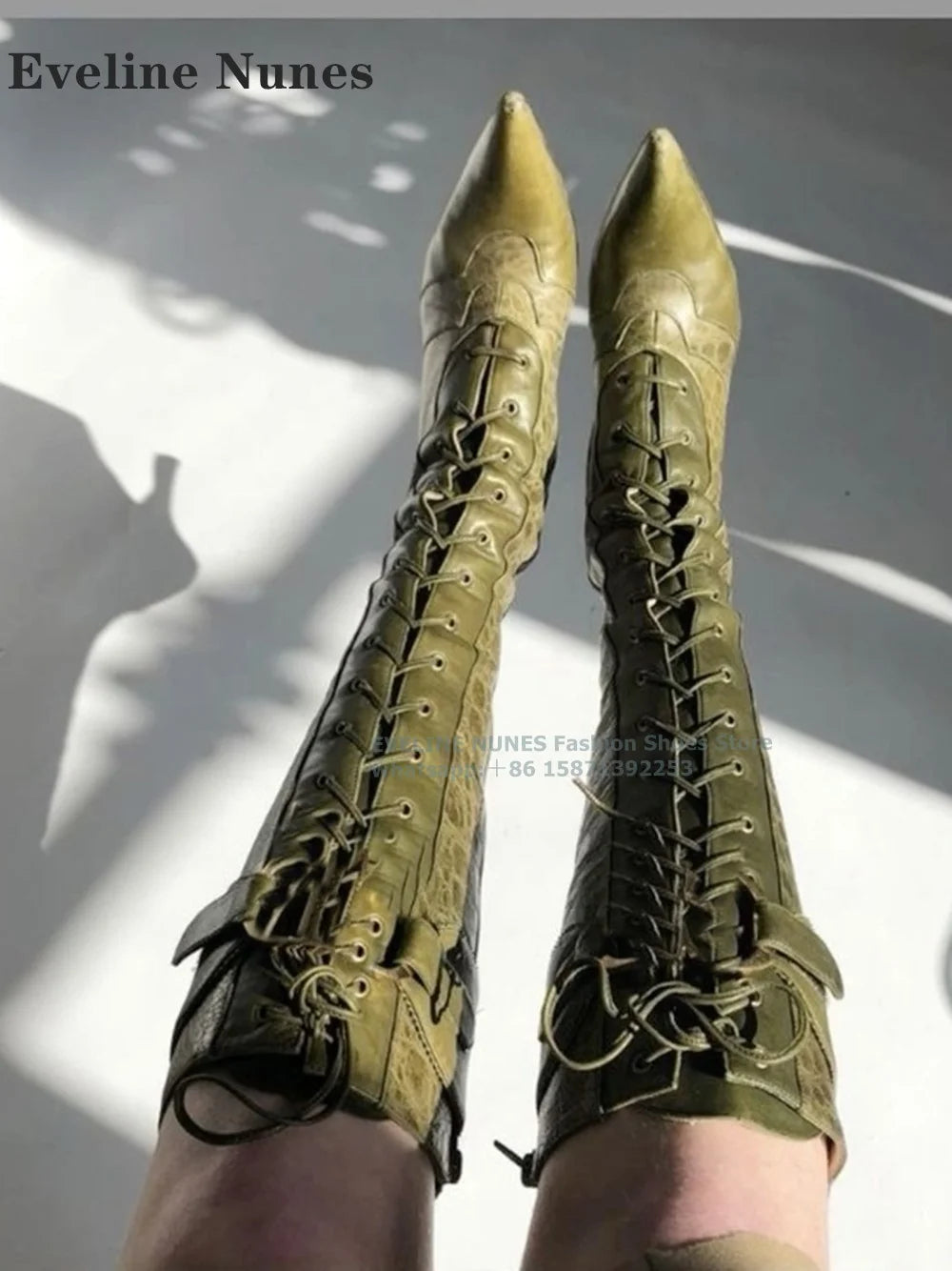 Leopard Patchwork Lace-Up Knee-High Boots – Pointed Toe & 2-Inch Thin Heel