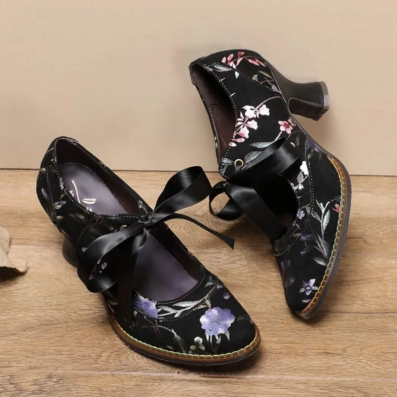 Johnature Women Shoes Pumps Retro 2025 New Spring Round Toe Handmade Ladies Lace Up Sweet Print High Heels Shoes