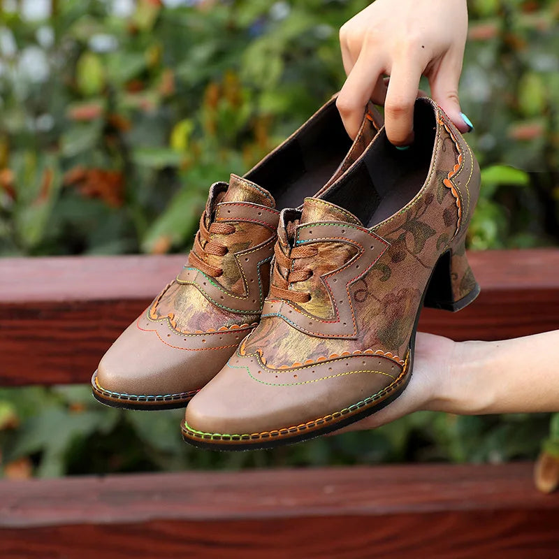 Johnature Genuine Leather Patchwork Retro Hand Painted High Heels