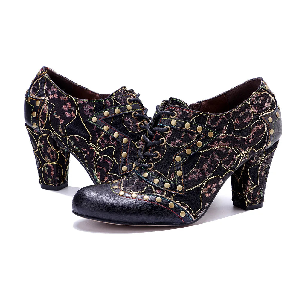 Johnature Retro Rivet Genuine Leather High-Heel Pumps