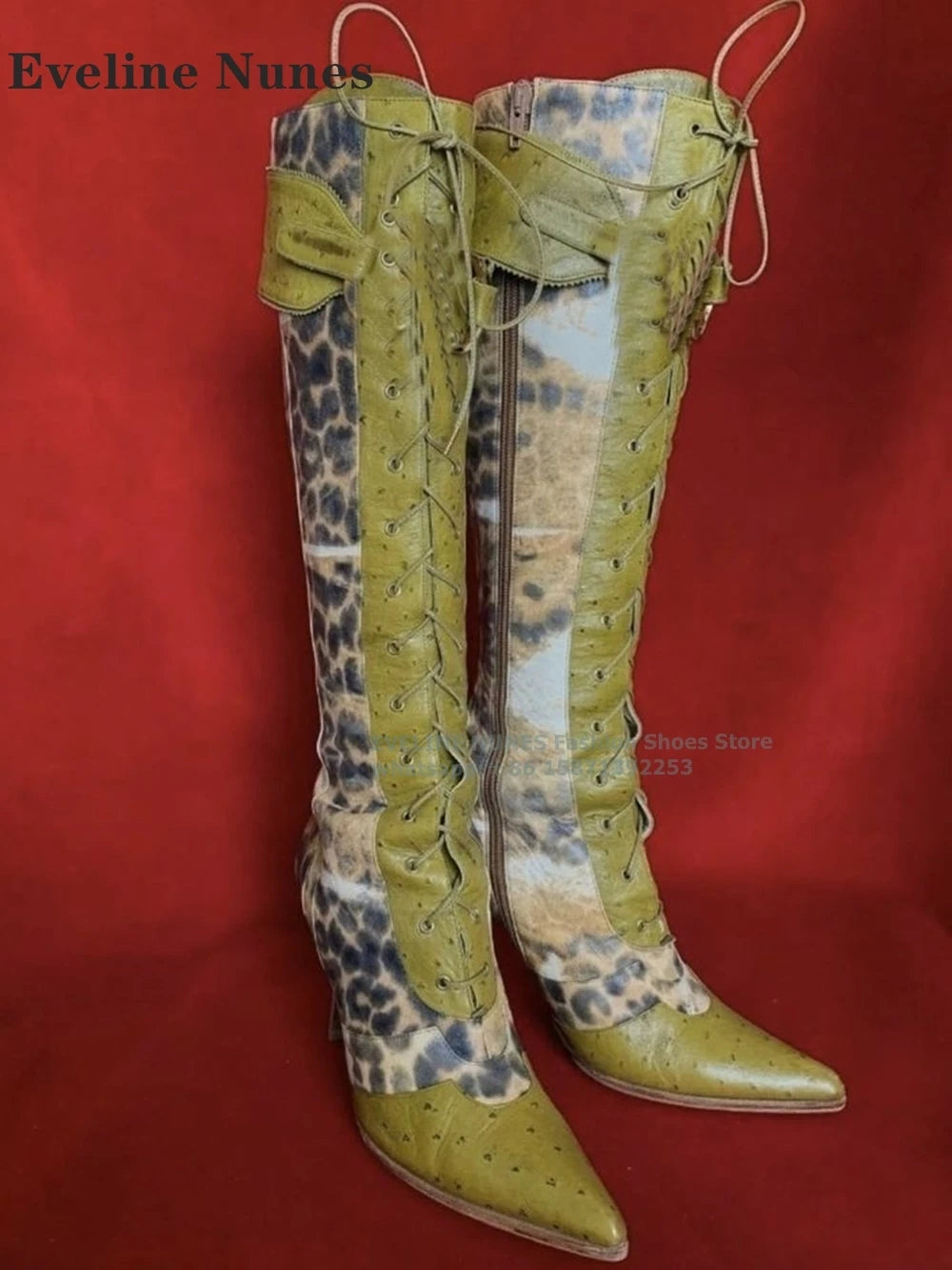 Leopard Patchwork Lace-Up Knee-High Boots – Pointed Toe & 2-Inch Thin Heel