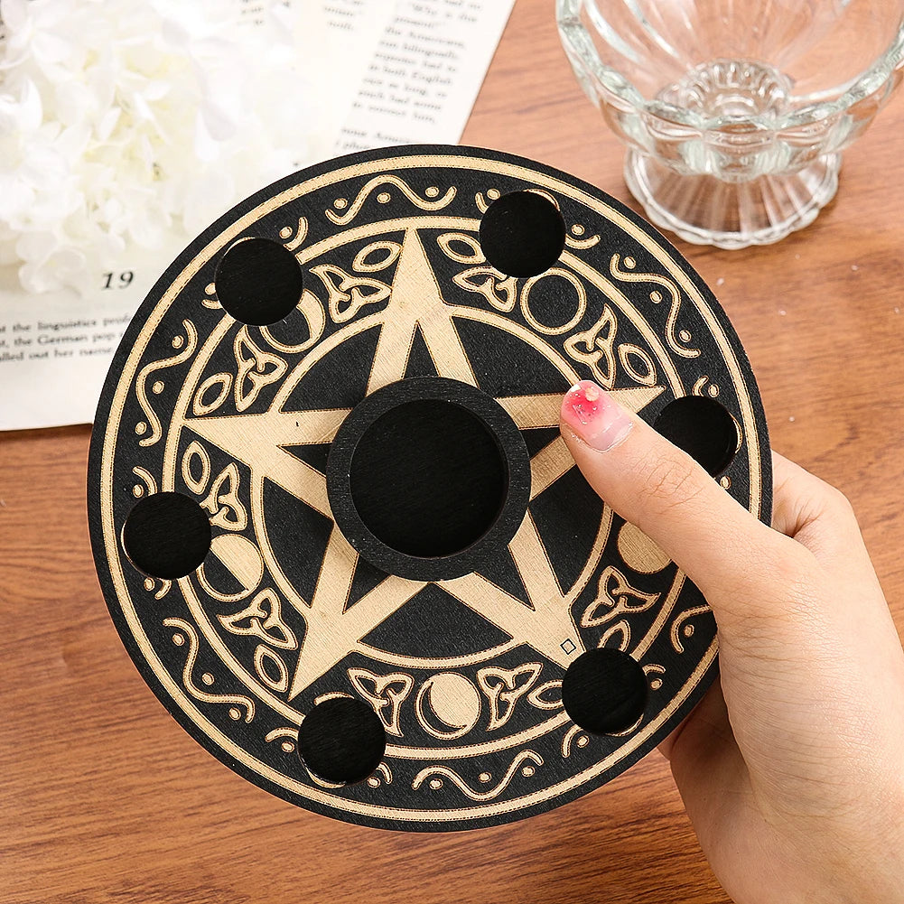 Wooden Pentacle Crystal Ball & Candle Display Stand – 7-Star Witchcraft Divination Altar Base