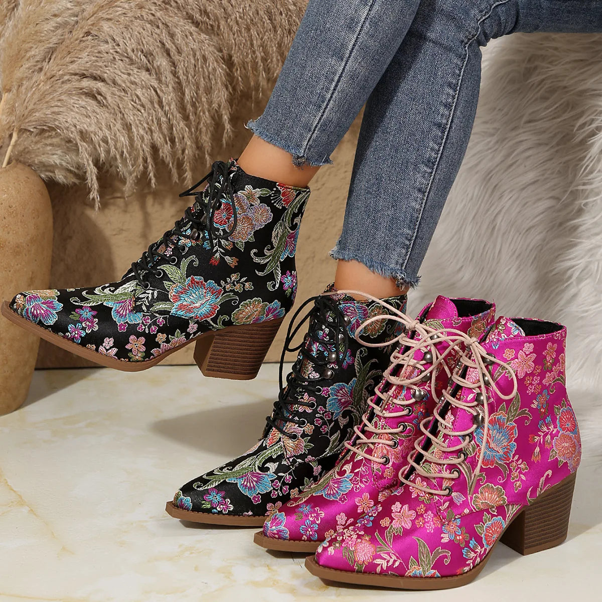 Ethnic Embroidered Pointed-Toe Ankle Boots