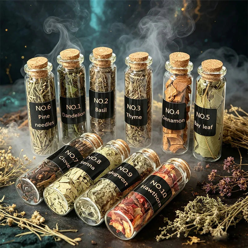 Witchcraft Herb Kit – 31 Dried Herbs in Glass Bottles with Black & Gold Altar Box