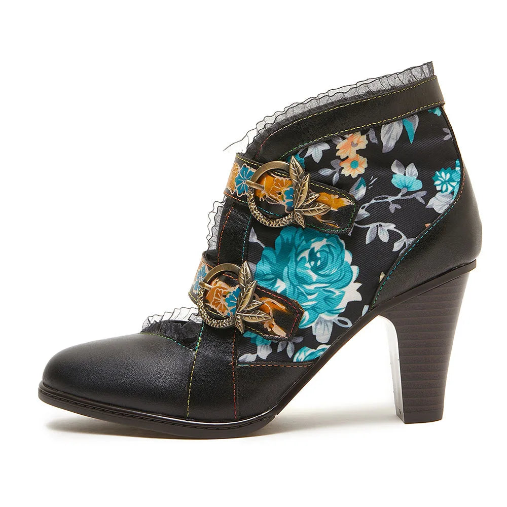 Johnature Genuine Leather Turquoise Floral Ankle Boots, High Heel Retro Print