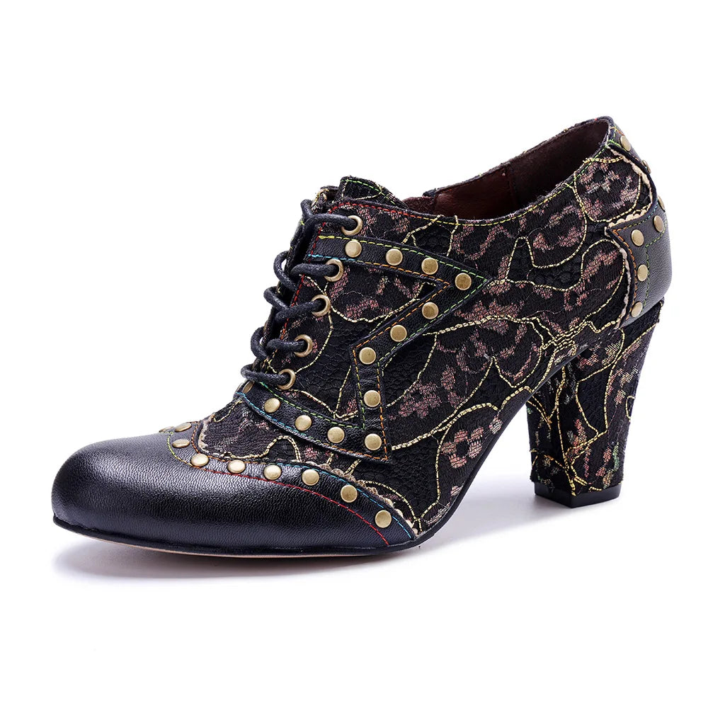 Johnature Retro Rivet Genuine Leather High-Heel Pumps