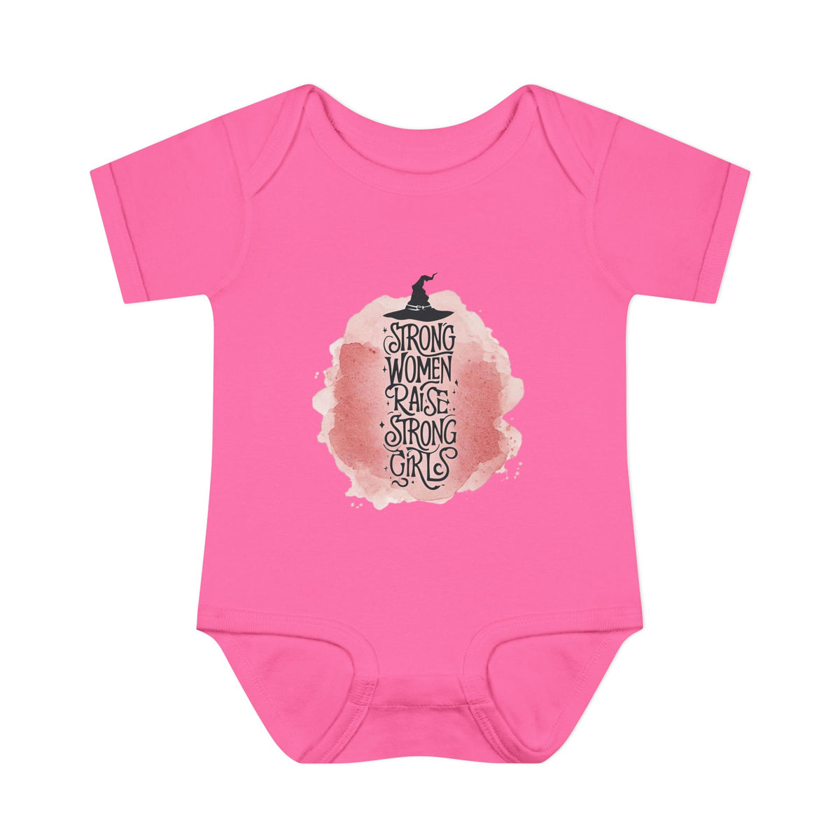 Pink baby onesie with a pumpkin design and text on a white background