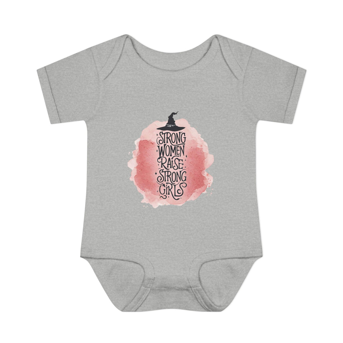 Gray baby onesie with a pink graphic and text on a white background