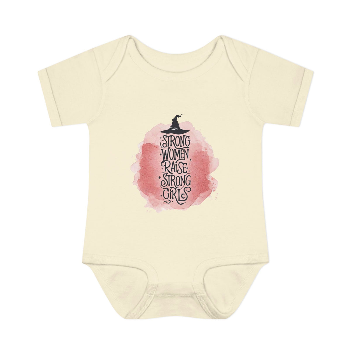 Beige baby onesie with a pink watercolor design and text on a white background
