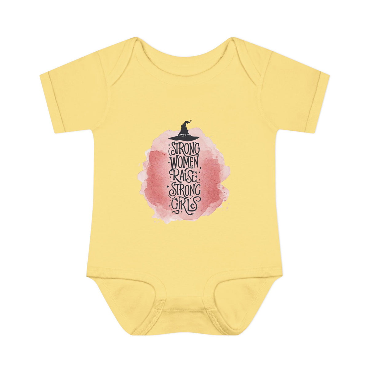 Yellow baby onesie with a graphic design and text on a white background