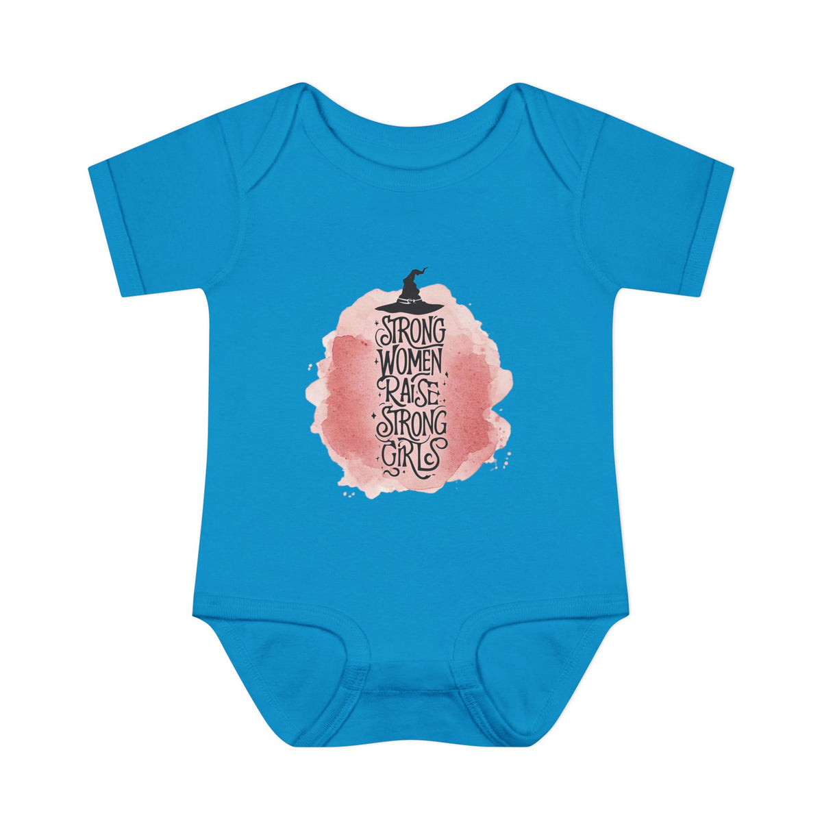 Blue baby onesie with a pink graphic and text on a white background