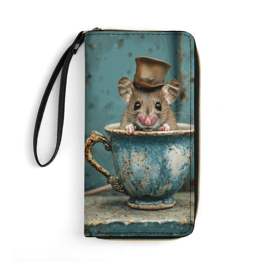 Teacup Mouse Leather Wallet with Wristlet Strap