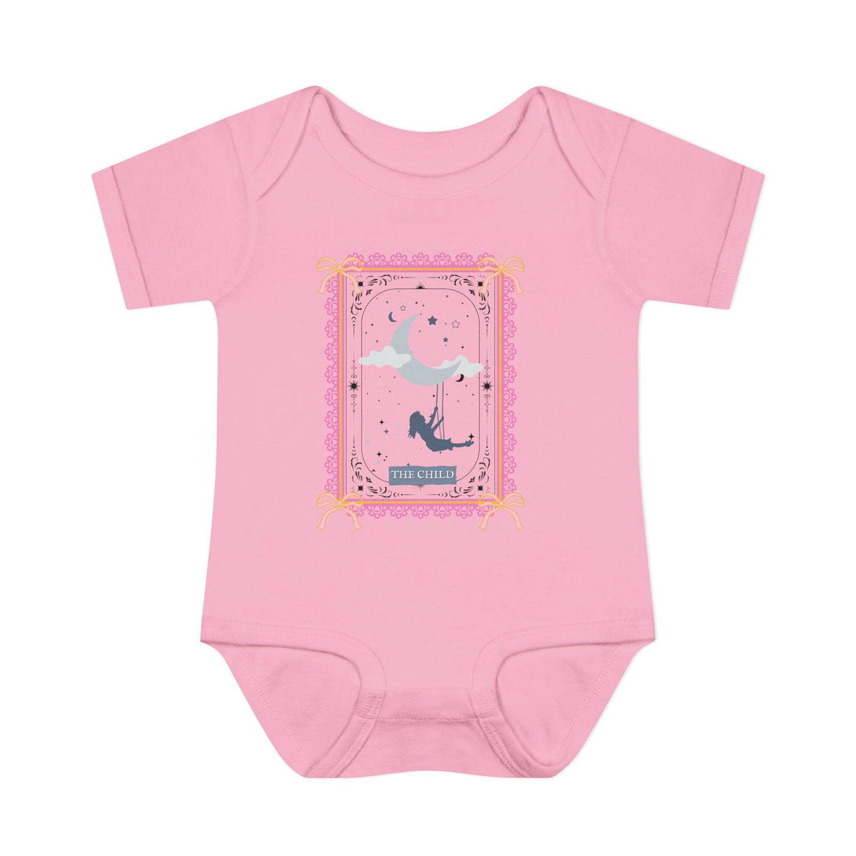 Pink baby onesie with a graphic design on a white background