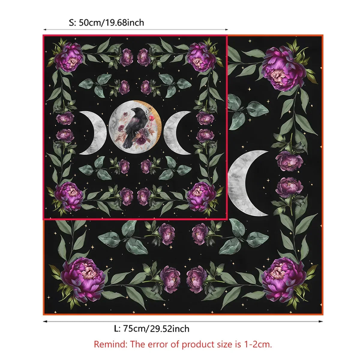 Decorative fabric with purple flowers, black crow, and moon phases on a black background with measurements.