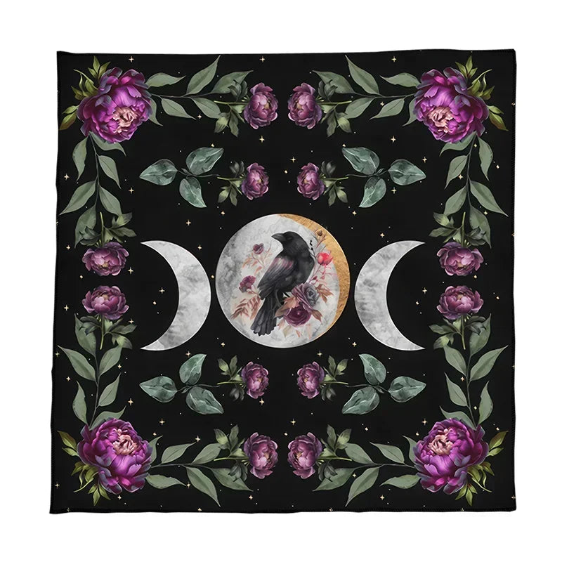 Decorative tapestry with purple flowers, a black bird, and moon phases on a black background.