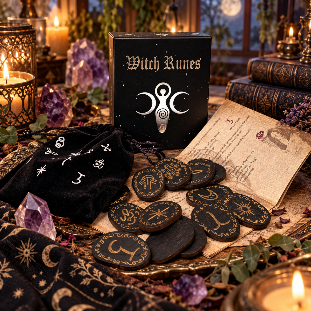 Witch Rune Stone Set with Storage Bag Rune Symbol Gift Home Decoration Party Favor Guide Book for Beginners Witchcraft Pagan