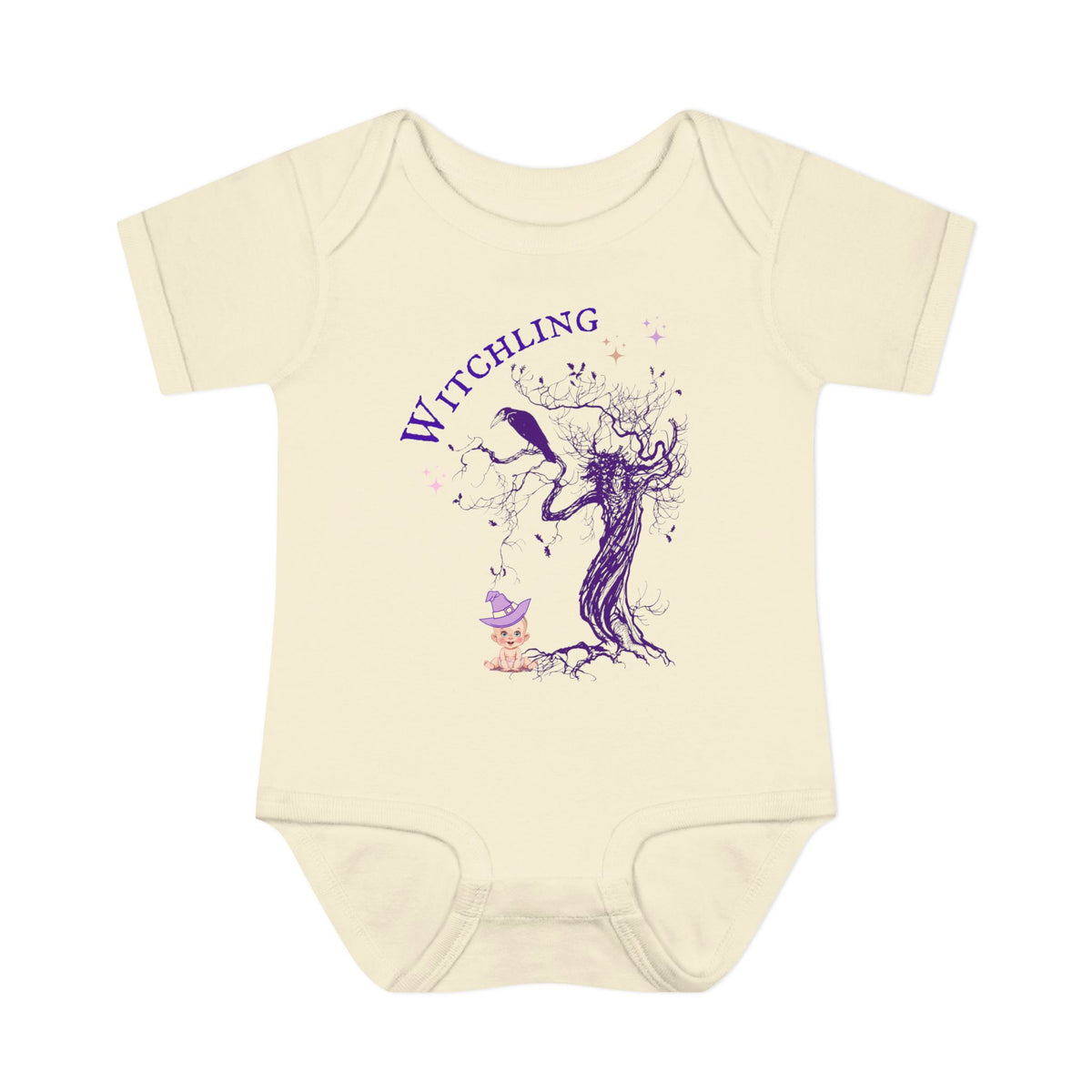 Beige baby onesie with a purple witch graphic and 'Witchling' text on a white background