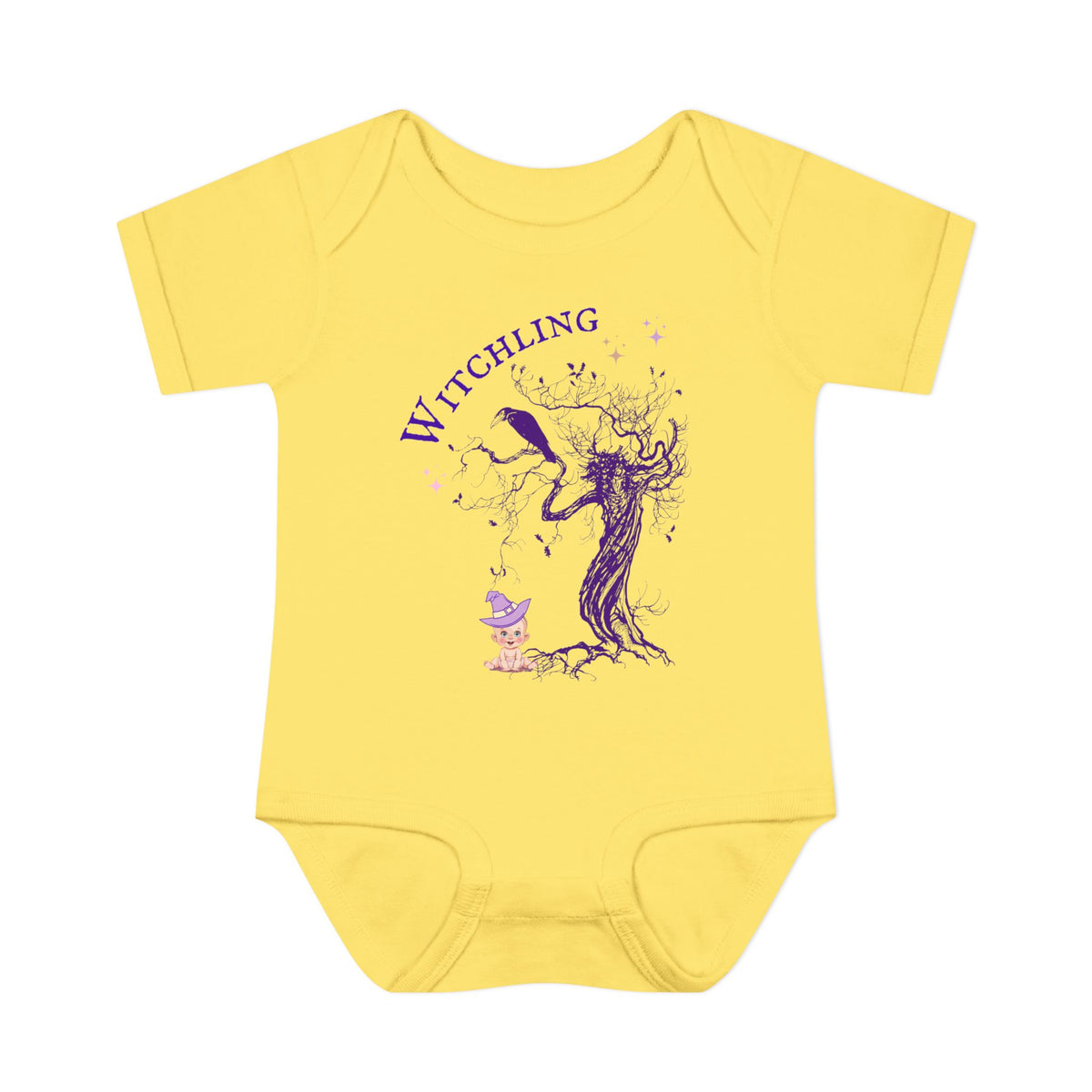 Yellow baby onesie with purple graphic and 'Witchling' text on a white background