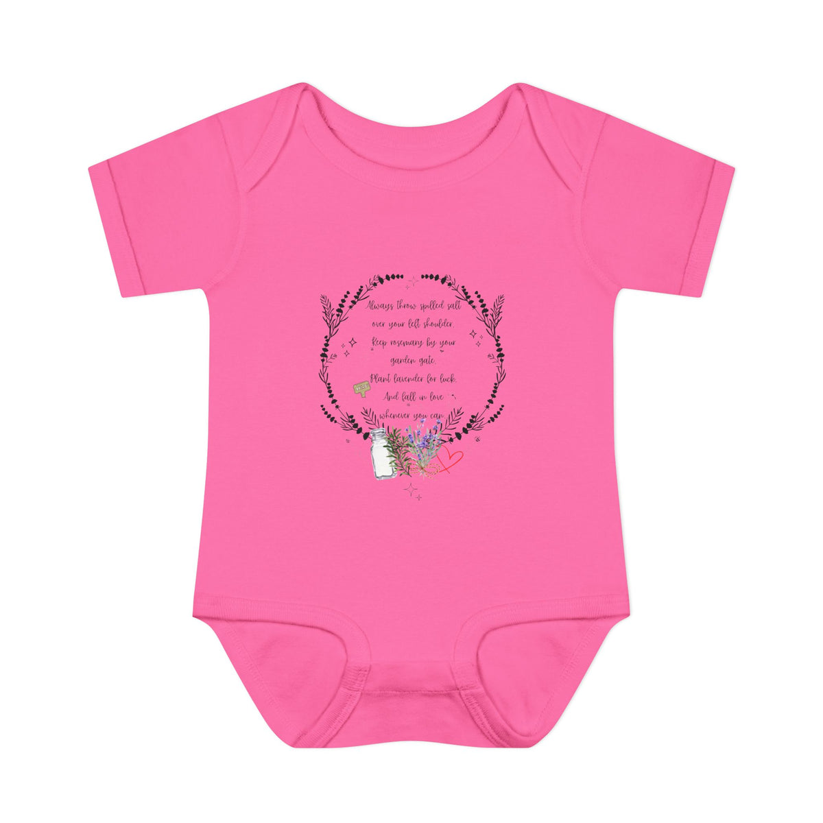 Pink baby onesie with floral design and text on a white background