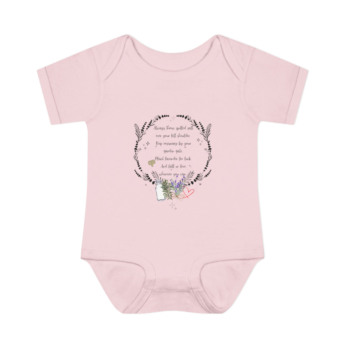 Pink baby onesie with floral design and text on a white background