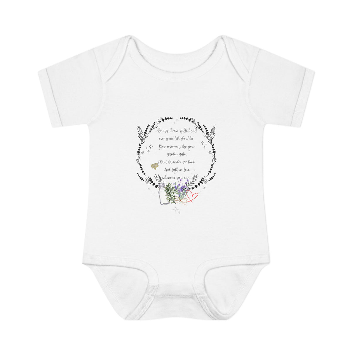 White baby onesie with floral design and text on a white background