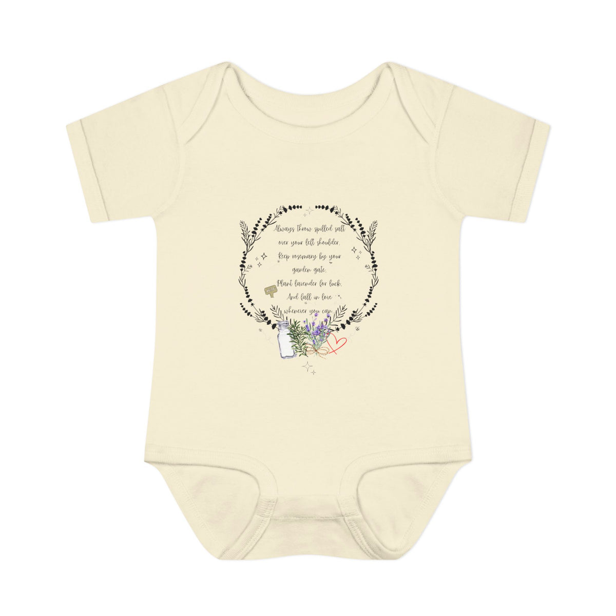 Beige baby onesie with floral design and text on a white background
