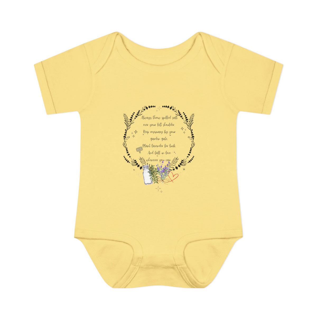 Yellow baby onesie with floral design and text on a white background