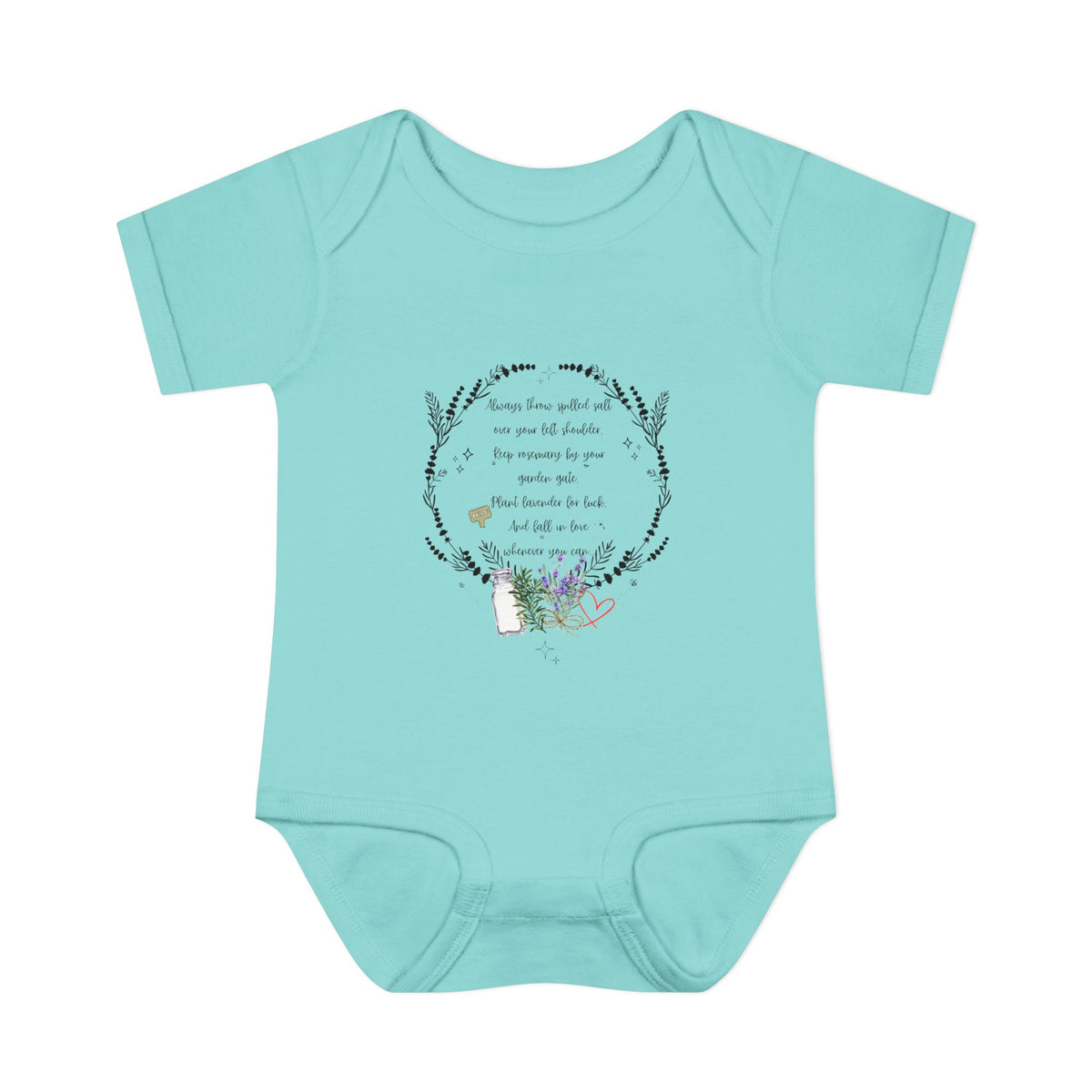Mint green baby onesie with floral design and text on a white background
