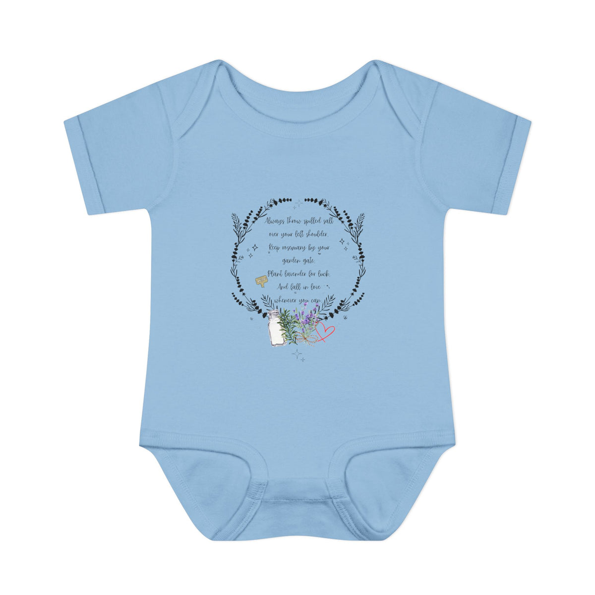 Light blue baby onesie with floral design and text on a white background