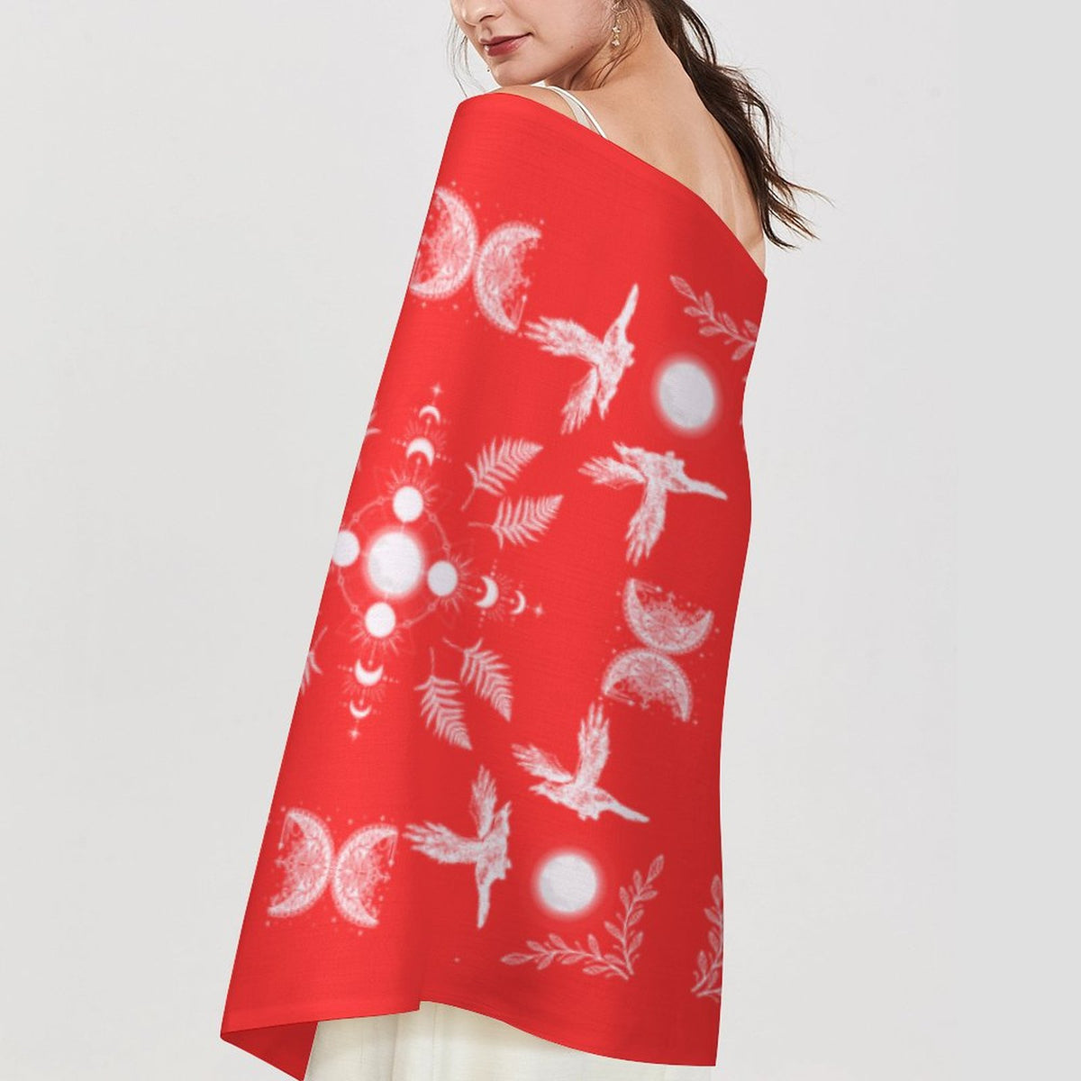 Celestial Crow in Poppy Red Cashmere-like Tassel Scarf, Raven Gothic Shawl - New Fall 25 Colors, Black Wrap, Pagan Clothing Festival Wear, Moon Phase Celestial Scarf, Soft Accessory Witch Style