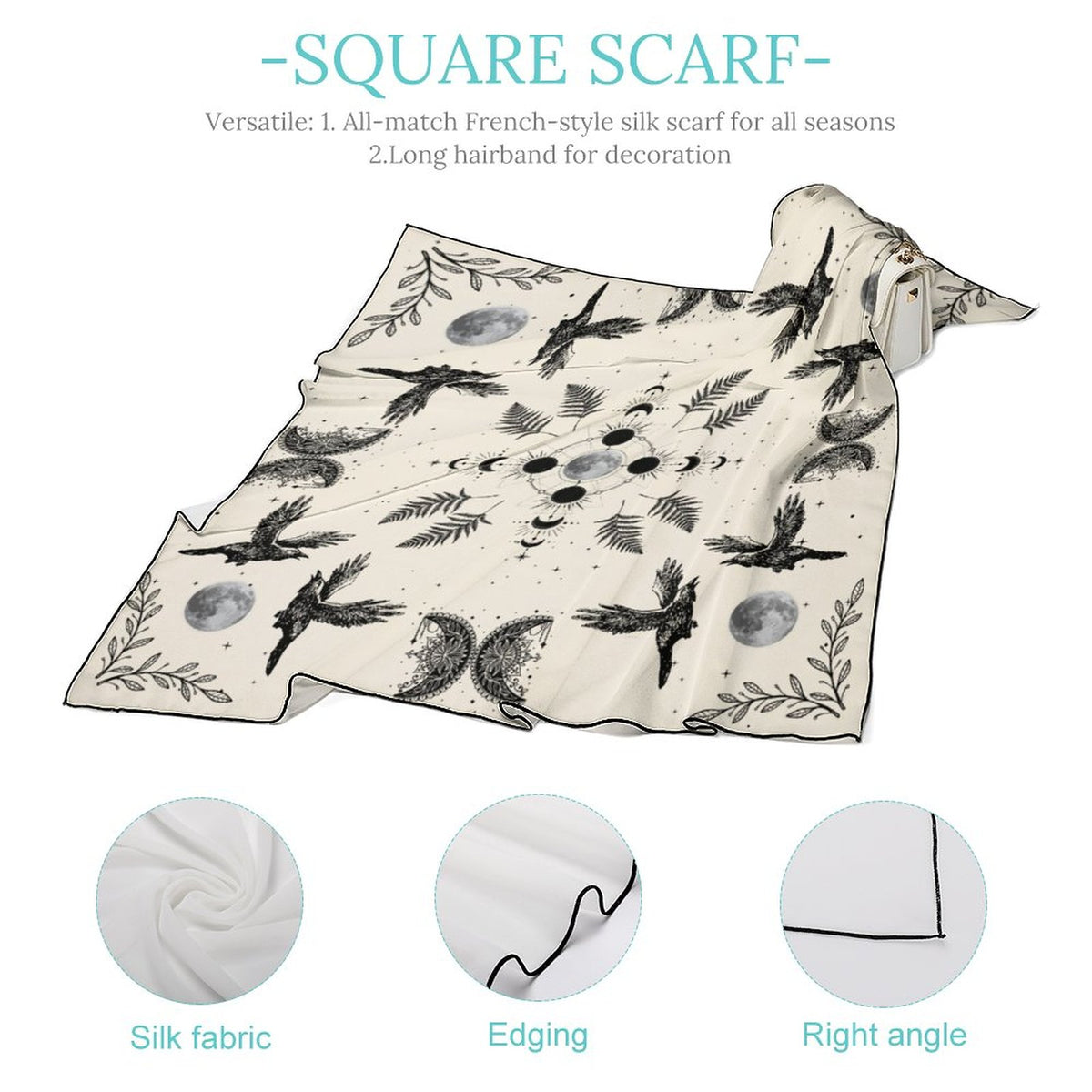 Celestial Crows in Cream Women's Scarf, Witch Scarf, moon phases scarf