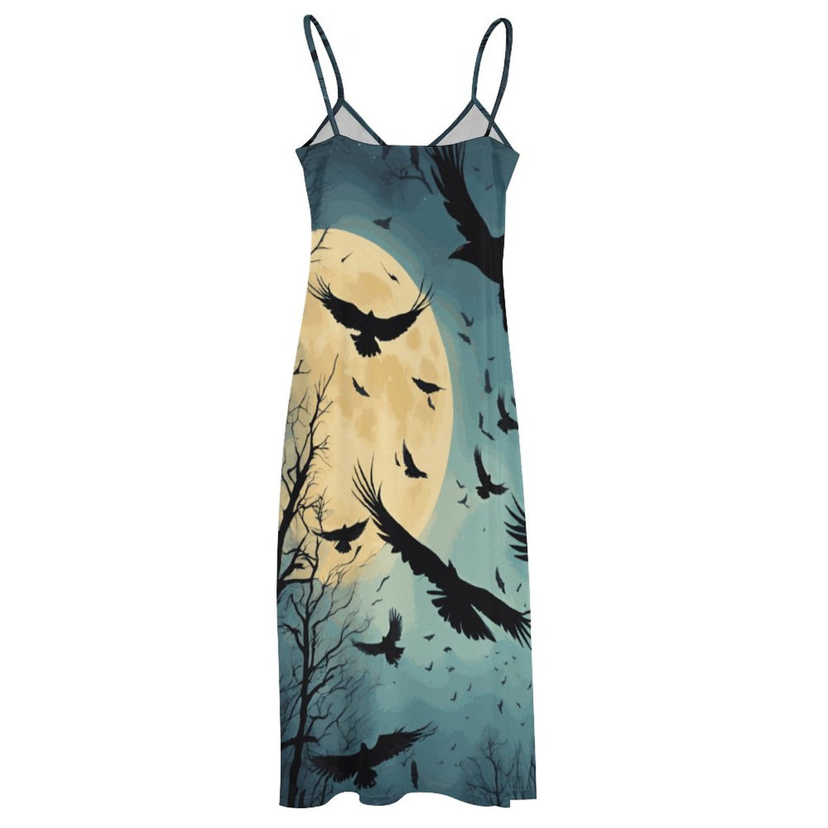Full Moon Crow Print Spaghetti Strap Dress: Gothic Whimsigoth Clothing