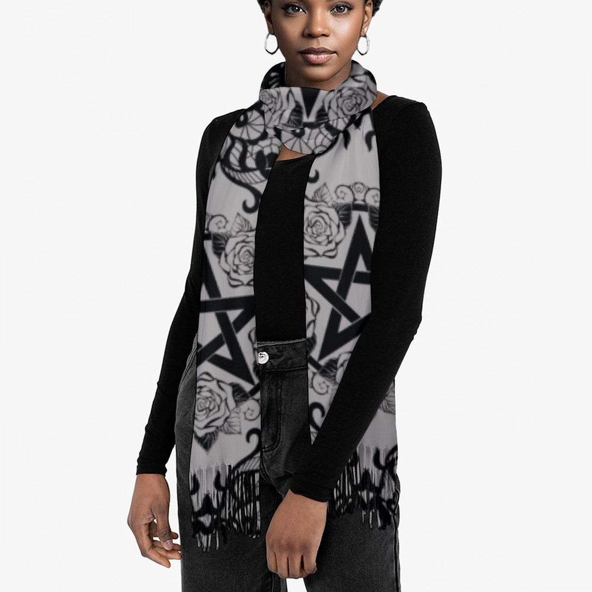 Black Lace Pentagram Tassel Scarf (All-Over Printing)