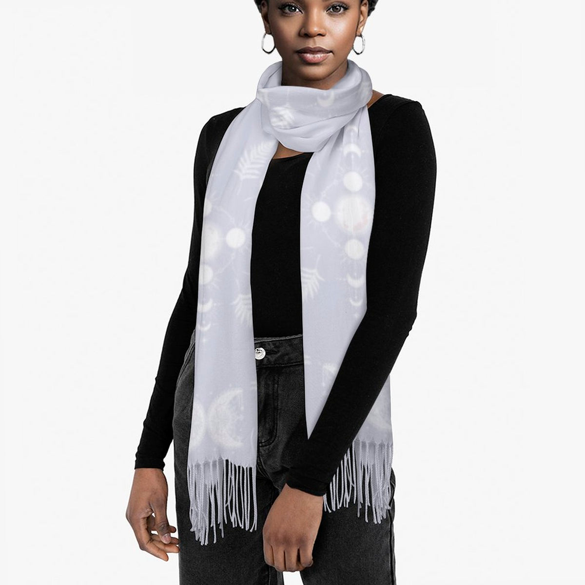 Celestial Crows in Bright White Cashmere-like Tassel Scarf, Raven Gothic Shawl