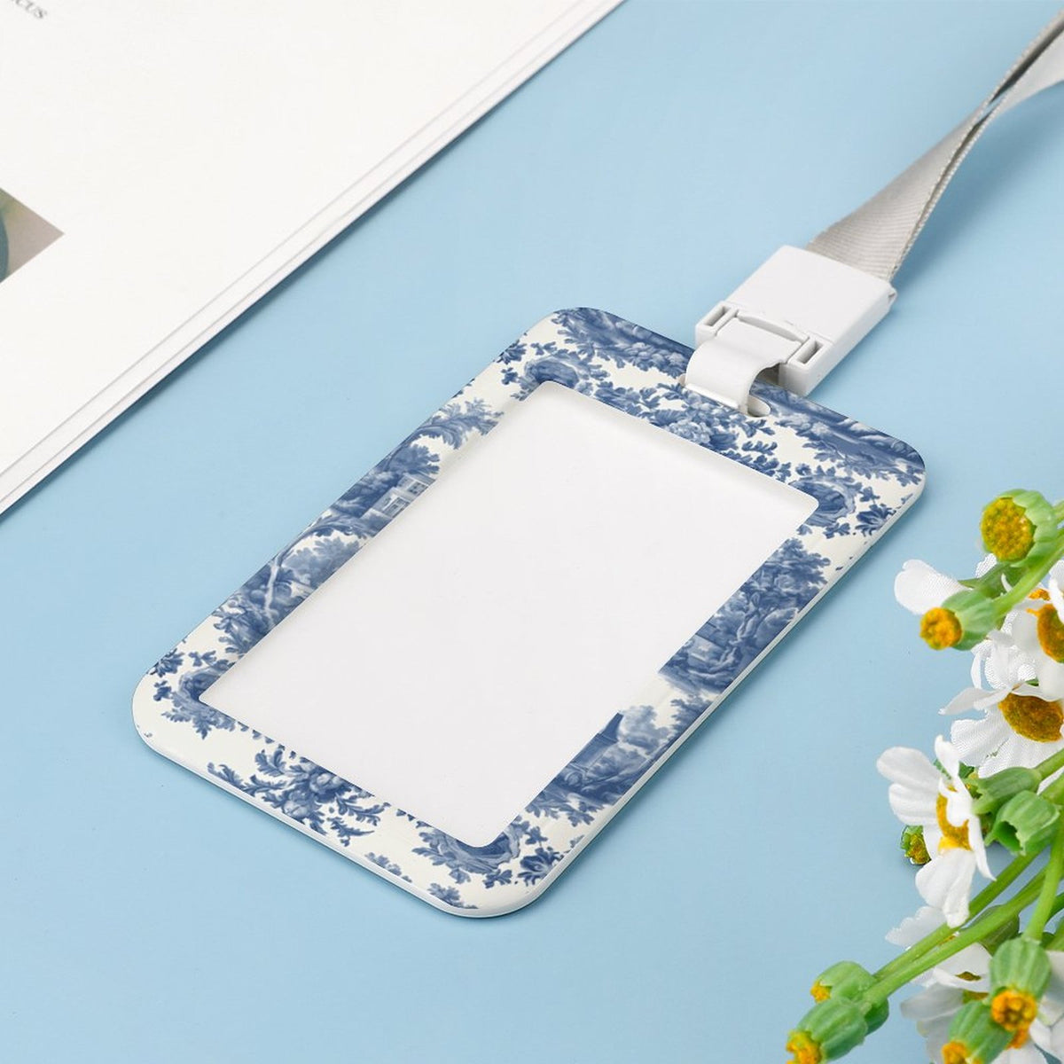Blue and White French Toile Vertical ID Badge Holder, Vintage French Design Name Badge Protector