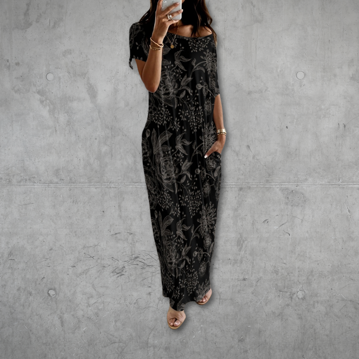 Brown Floral Long Dress With Pocket, Dark Academia Clothing