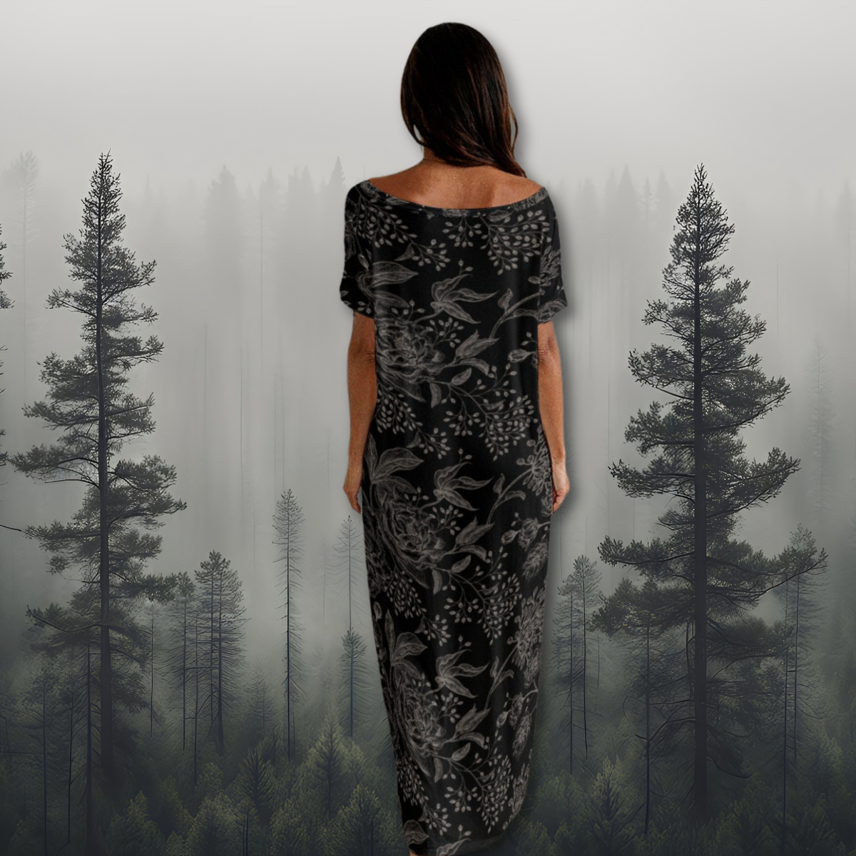 Brown Floral Long Dress With Pocket, Dark Academia Clothing