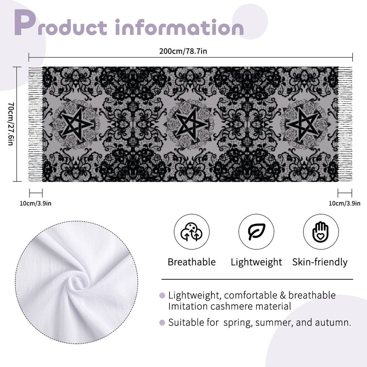 Black Lace Pentagram Tassel Scarf (All-Over Printing)