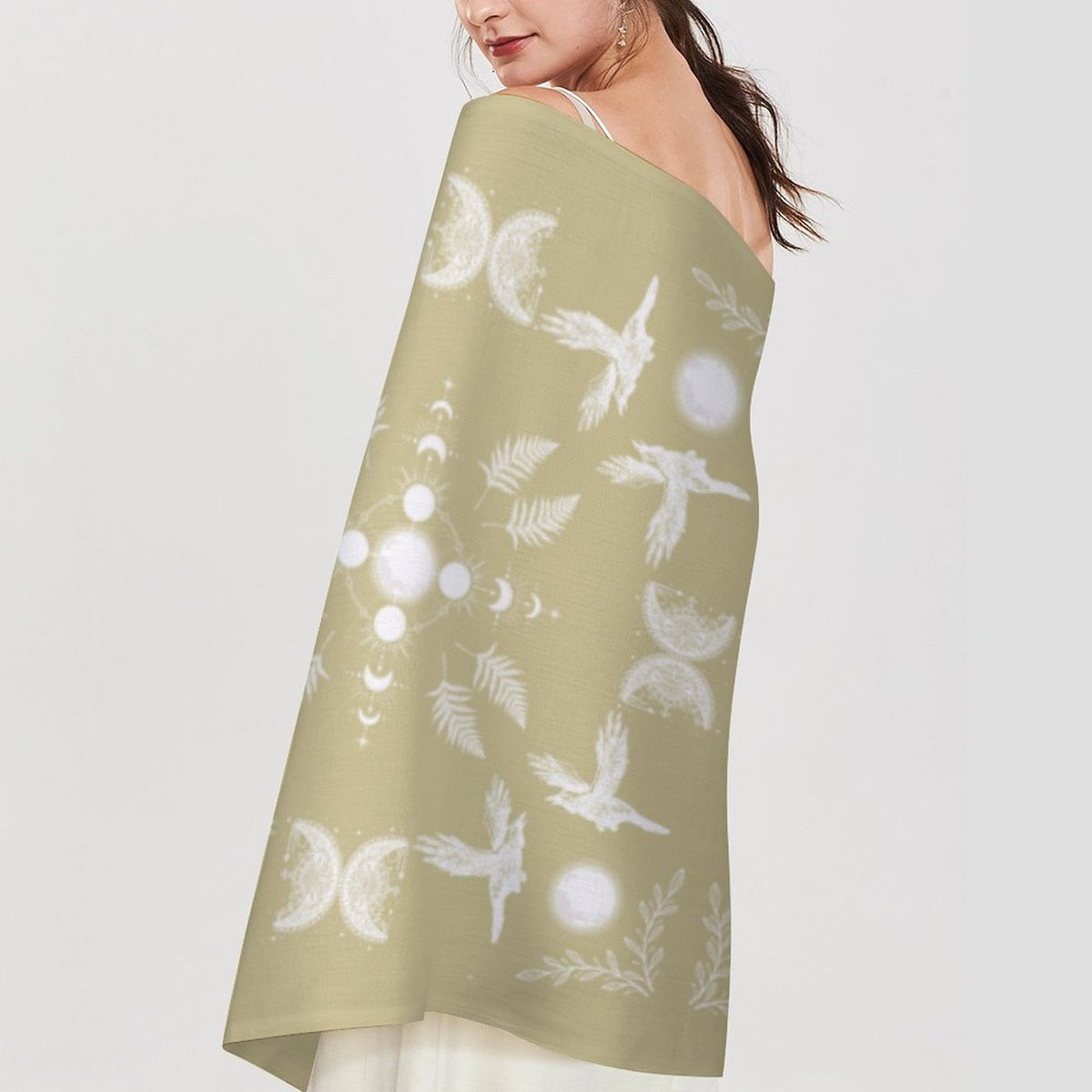 Celestial Crows in Lemongrass Cashmere-like Tassel Scarf, Raven Gothic Shawl - New Fall 25 Colors, Black Wrap, Pagan Clothing Festival Wear, Moon Phase Celestial Scarf, Soft Accessory Witch Style