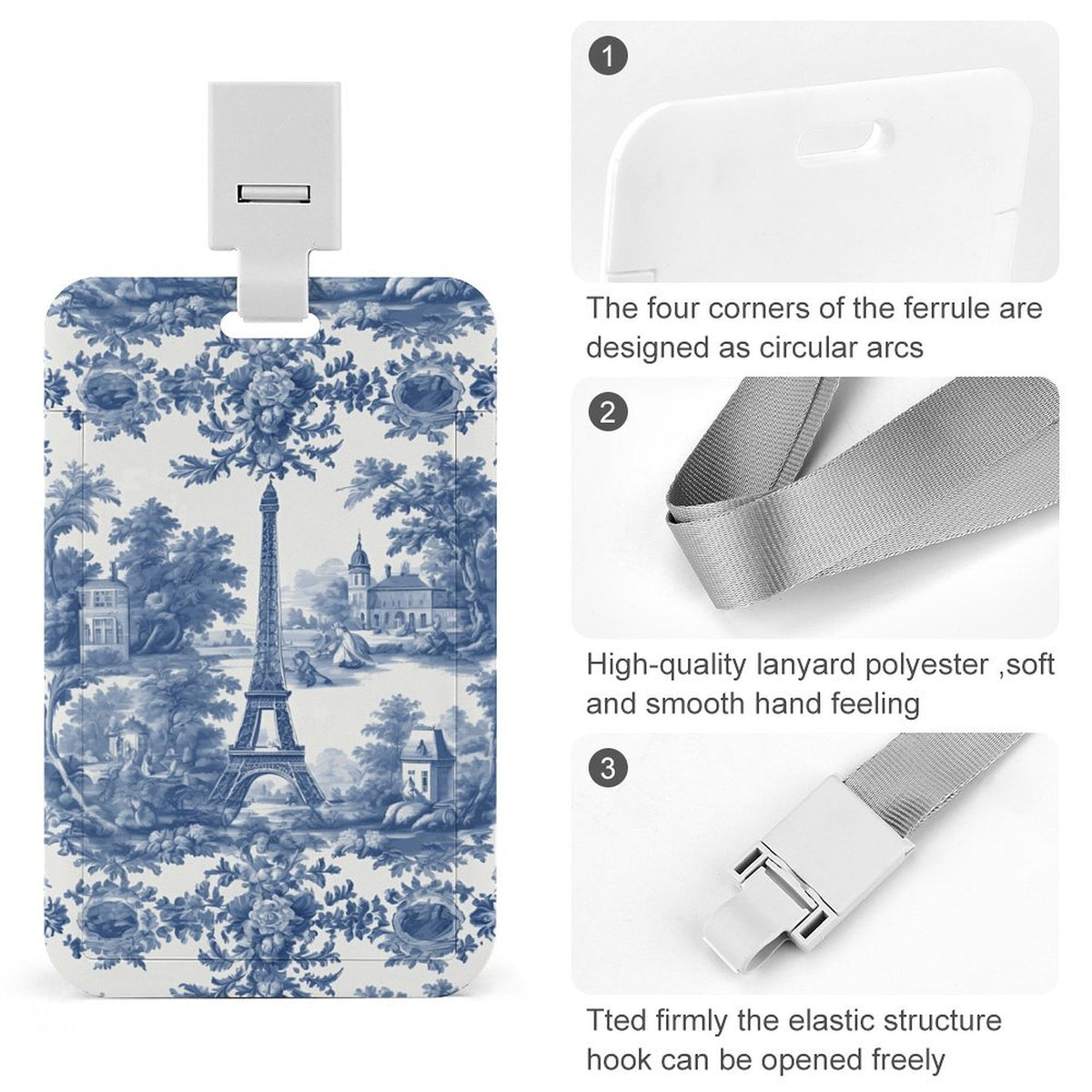 Blue and White French Toile Vertical ID Badge Holder, Vintage French Design Name Badge Protector
